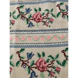 Handmade Tunisian Crochet Afghan Blanket Cross Stitch Floral Rose Theme, 57”x56”